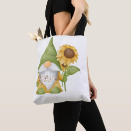 Gnomo sosteniendo un girasol y notas en una bolsa 