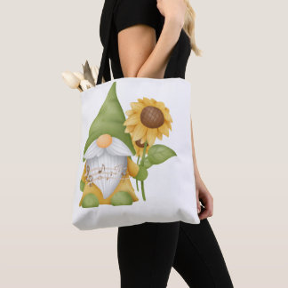 Gnomo sosteniendo un girasol y notas en una bolsa 