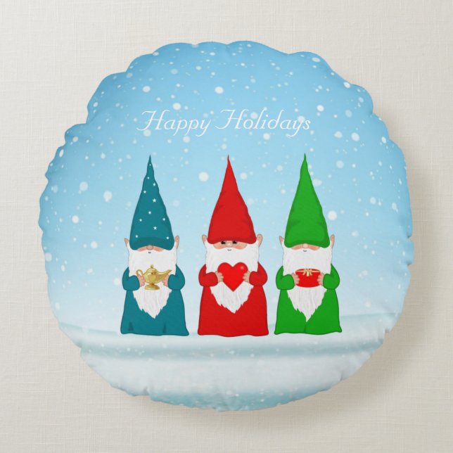 Gnomos de Navidad en Almohada Redonda Azul Claro (Anverso)
