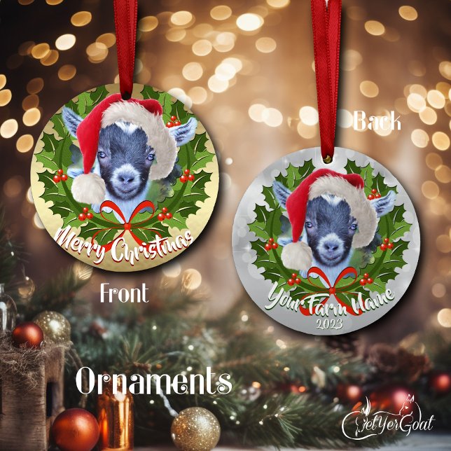 GOAT Pygmy Kid Santa Hat Ornamento de Navidad (Adorable pygmy goat lover's Christmas -one side gold, the other silver - date on back  #zazzlemade)