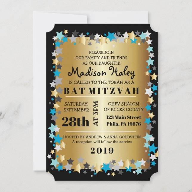 GOLD Aqua Gold Stars Bar Bat Mitzvah Invitación (Anverso)