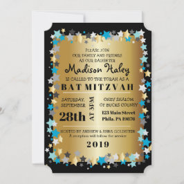 GOLD Aqua Gold Stars Bar Bat Mitzvah Invitación