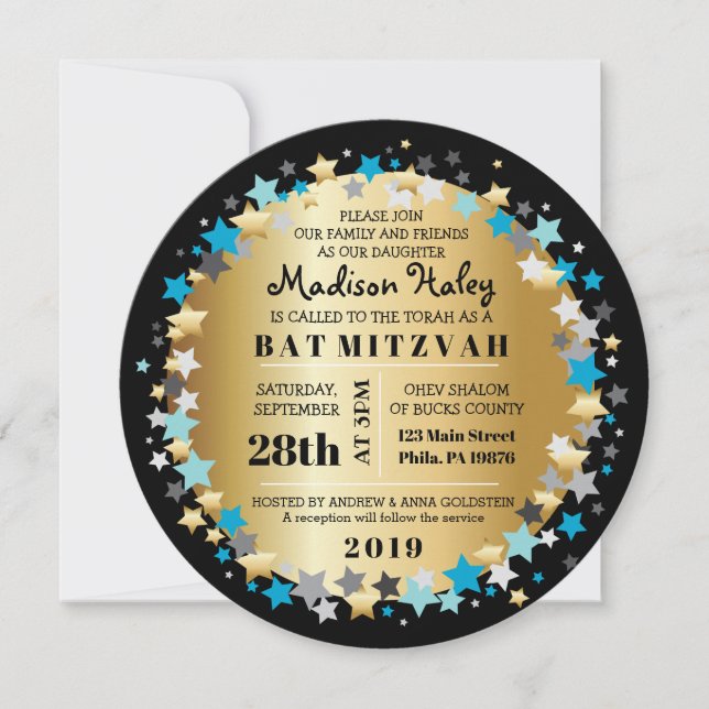 GOLD Aqua Gold Stars Bar Bat Mitzvah Invitación (Anverso)
