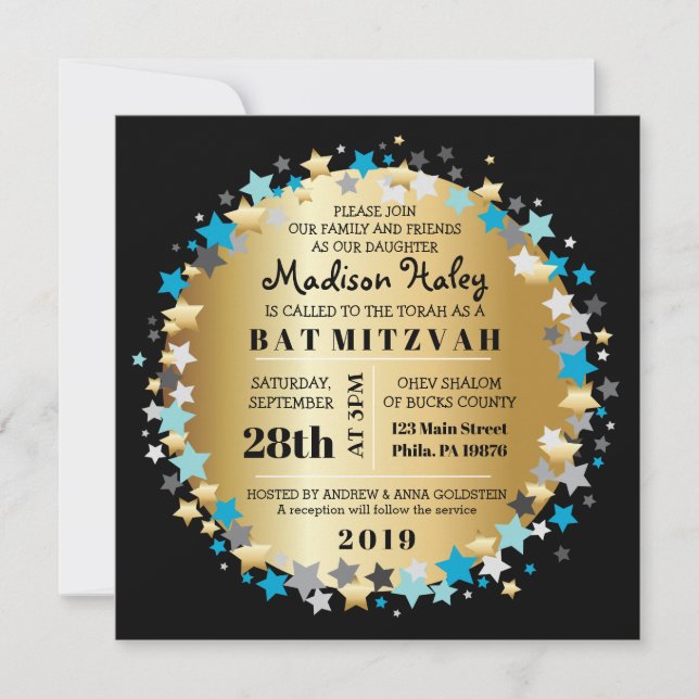 GOLD Aqua Gold Stars Bar Bat Mitzvah Invitación (Anverso)
