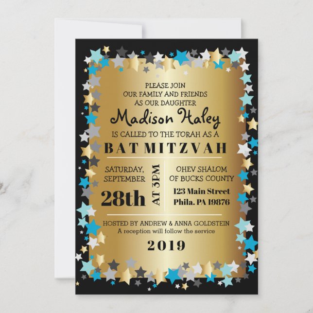 GOLD Aqua Gold Stars Bar Bat Mitzvah Invitación (Anverso)