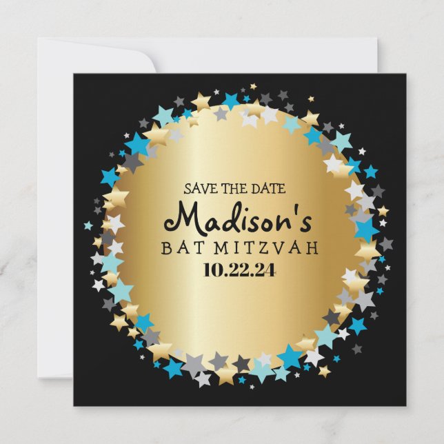 GOLD Aqua Gold Stars Bar Bat Mitzvah Salve la fech (Anverso)