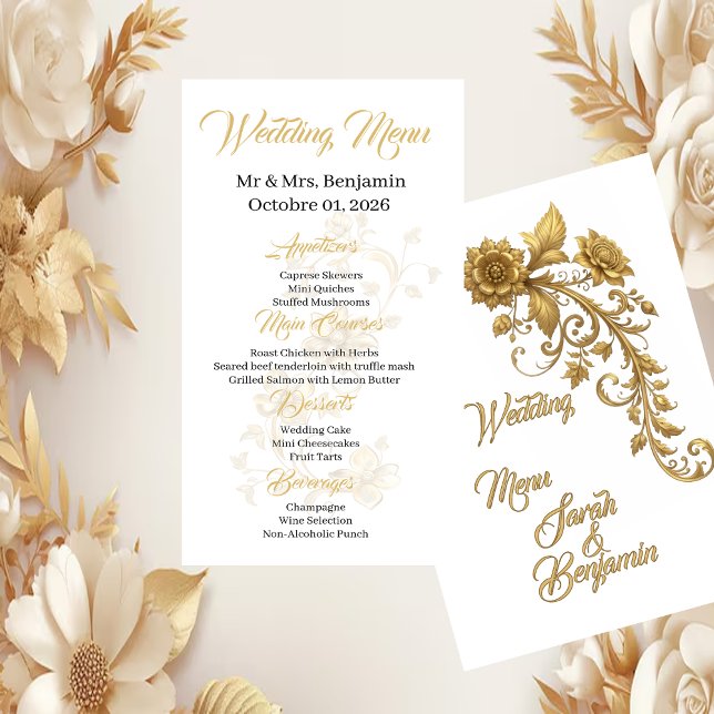 Gold Baroque Floral Script | Elegant Wedding Menu (Subido por el creador)