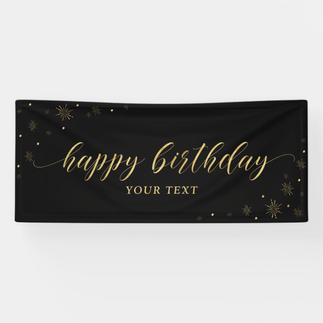 Gold & Black | Pancarta de cumpleaños con brillo (Horizontal)