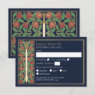 Gold Blue Medieval Floral Sword Wedding RSVP
