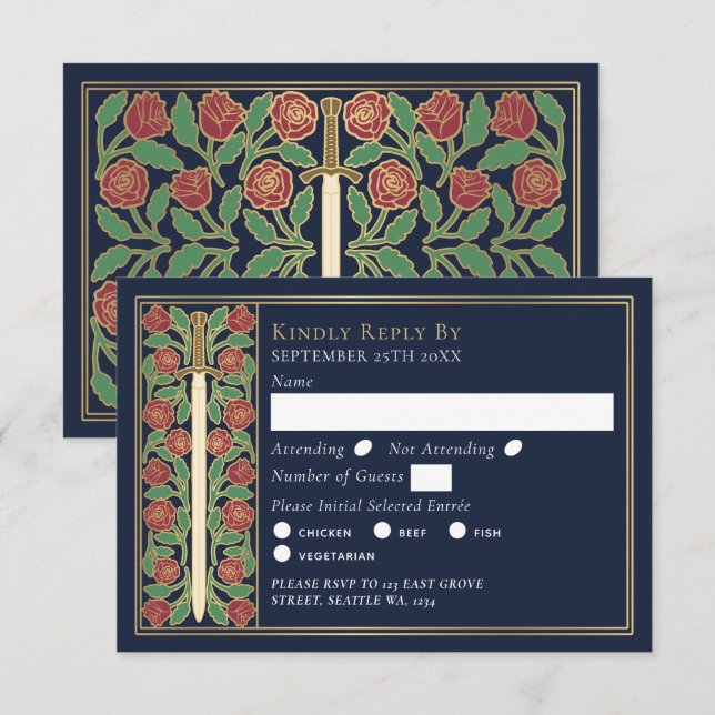 Gold Blue Medieval Floral Sword Wedding RSVP (Anverso / Reverso)