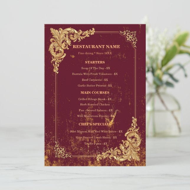 Gold Bordeaux Editable Menu with QR Code (Anverso de pie)