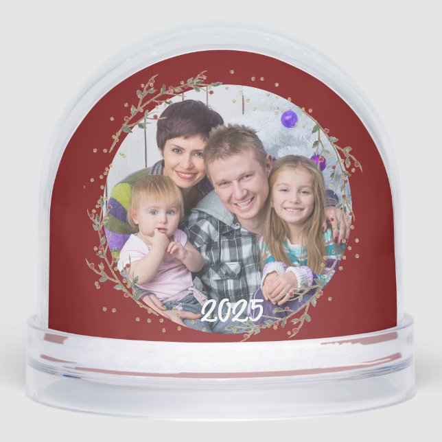 Gold Circle & Warm Red Family Photo Christmas Card (Anverso)