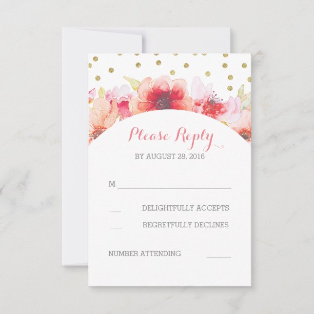 Gold Confetti Floral acuarela Rubor Pink RSVP (Anverso)