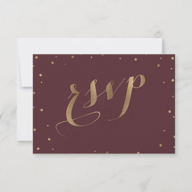 Gold Confetti Love Burgundy Wedding RSVP (Anverso)