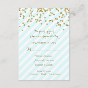 Gold Confetti Sky Blue Stripes Wedding RSVP