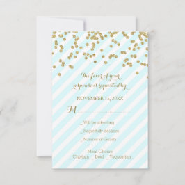 Gold Confetti Sky Blue Stripes Wedding RSVP