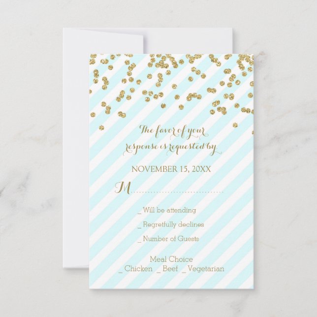 Gold Confetti Sky Blue Stripes Wedding RSVP (Anverso)
