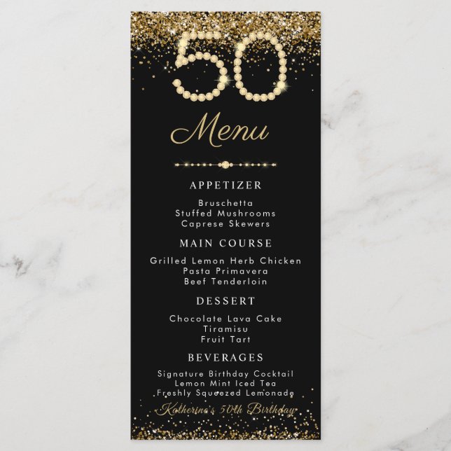 Gold Diamonds 50th Birthday Dinner Flat Menu (Anverso)