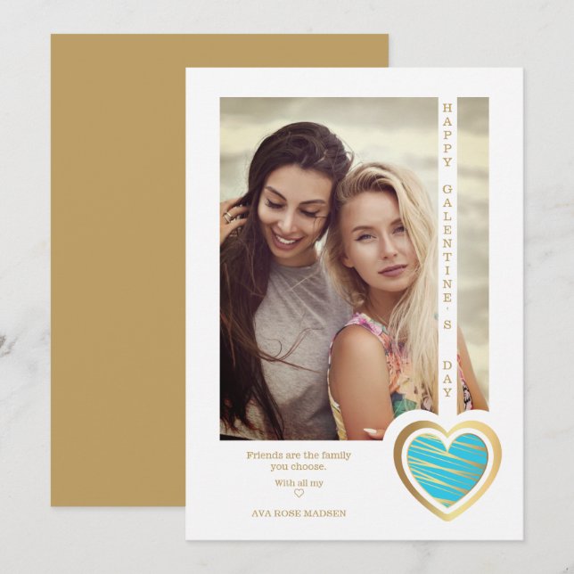 Gold Effect Blue Heart Friends Happy Galentines (Anverso / Reverso)