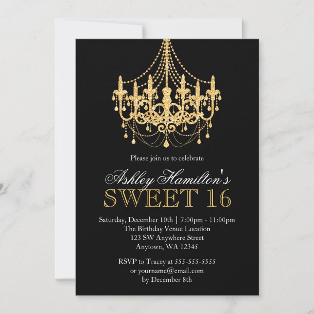 Gold Faux Purpurina Chandelier Sweet 16 Invitacion (Anverso)