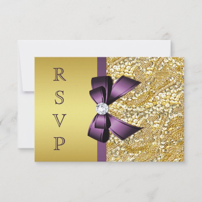 Gold Faux Sequin Diamonds Purple Bow RSVP (Anverso)
