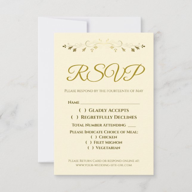Gold Filigree Border Elegant Cream Wedding RSVP (Anverso)