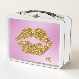 Gold Glitter Lips Sparkle Pink BG Initials