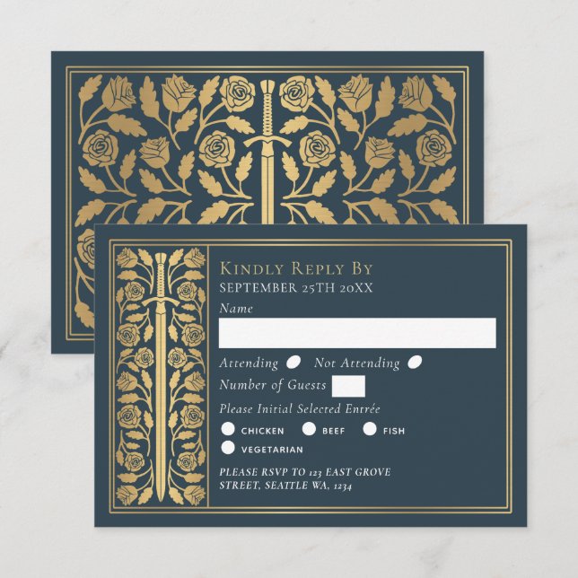 Gold Gray Medieval Sword Wedding RSVP (Anverso / Reverso)