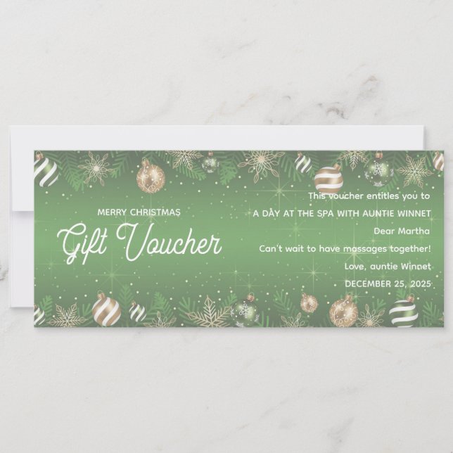 Gold & Green Ornament Christmas Gift Voucher (Anverso)