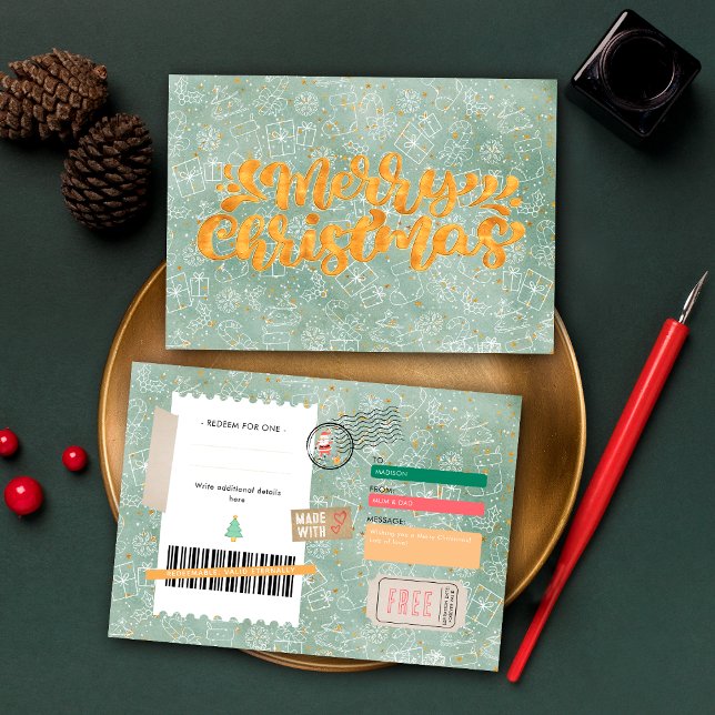 Gold Green Pattern Christmas Ticket Gift Voucher (Subido por el creador)