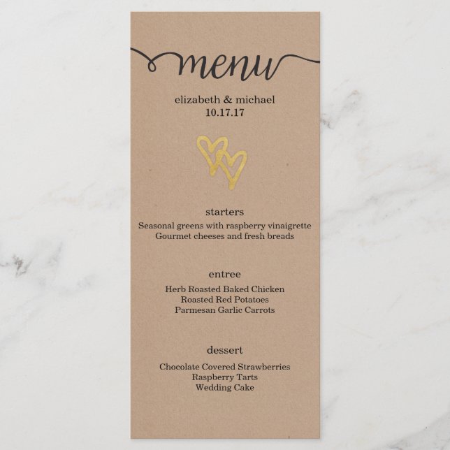 Gold Hearts Kraft Boda Menu (Anverso)