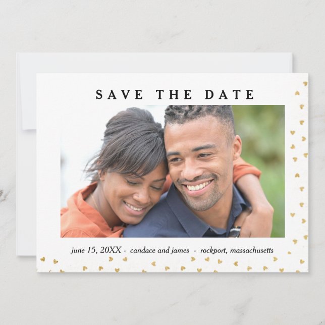 Gold Hearts Photo Save the Date Card (Anverso)