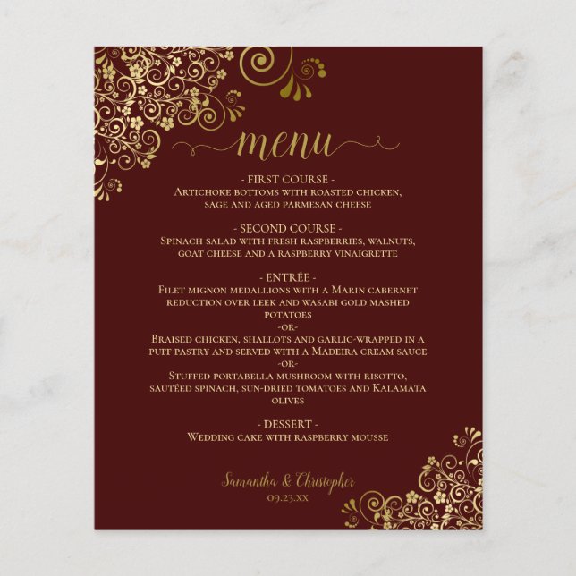 Gold Lace en Auburn Brown Budget Boda Menu (Anverso)