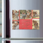 Gold Merry Christmas Five Photo Red Holiday Magnet<br><div class="desc">Las tarjetas MAGNETIC para varios Navidades de fotos incluyen el nombre de tu familia y las palabras Feliz Navidad con letras de oro de moda en un fondo rojo. MÁS DISEÑOS y colores en nuestra tienda.</div>