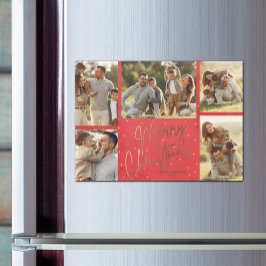 Gold Merry Christmas Five Photo Red Holiday Magnet