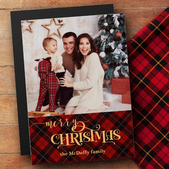 Gold Merry Christmas on Red Tartan Photo (Subido por el creador)