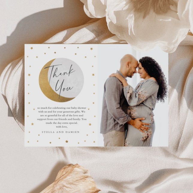 Gold Moon & Stars Foto Baby Shower Gracias Tarjeta (Gold Moon and Stars Baby Shower Photo Thank You Card.)