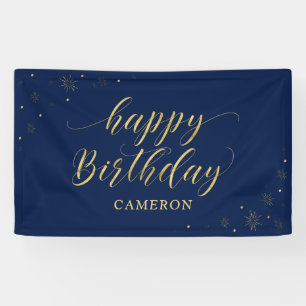 Gold & Navy   Cumpleaños Feliz Pancarta de fiesta 