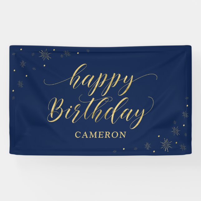 Gold & Navy | Cumpleaños Feliz Pancarta de fiesta  (Horizontal)