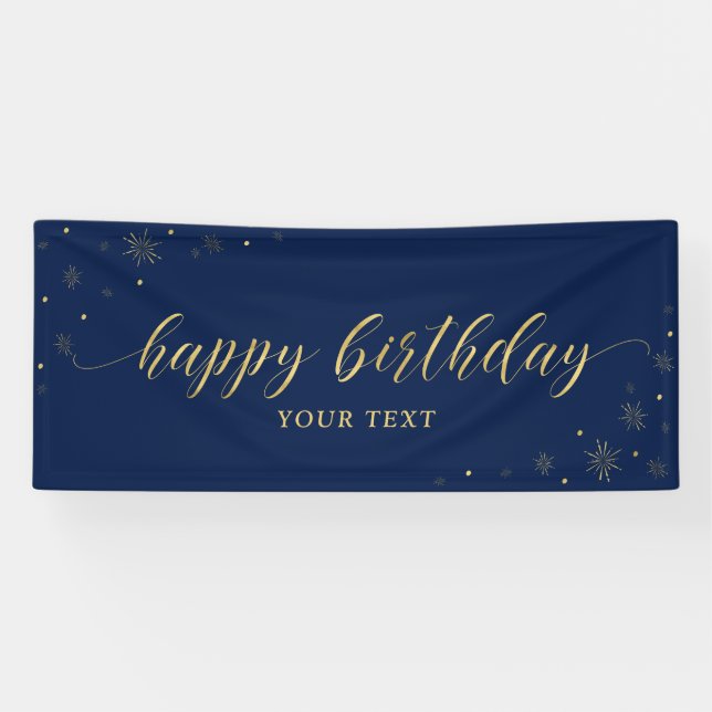 Gold & Navy | Cumpleaños Feliz Pancarta de Fiesta  (Horizontal)