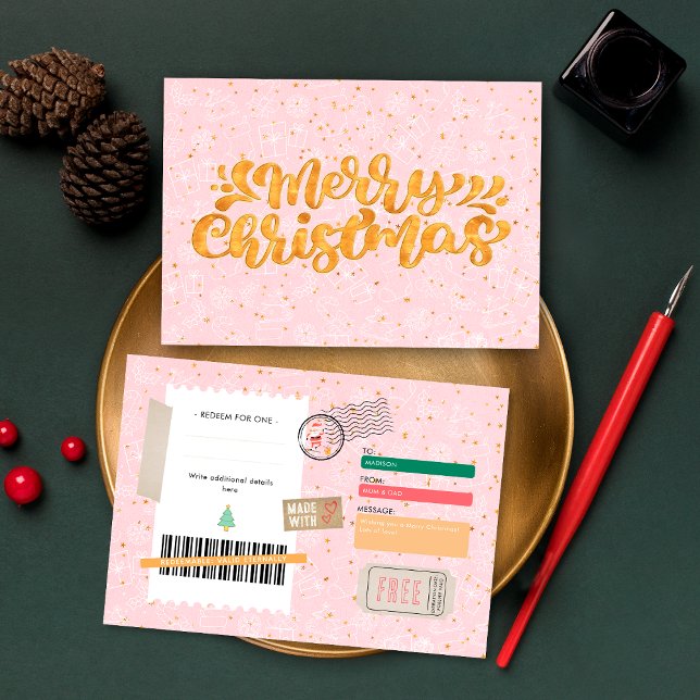 Gold Pink Christmas Pattern Ticket Gift Voucher (Subido por el creador)