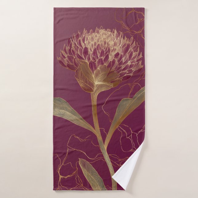 Gold Protea Flower Burgundy Botanical Linework (Toalla de baño)