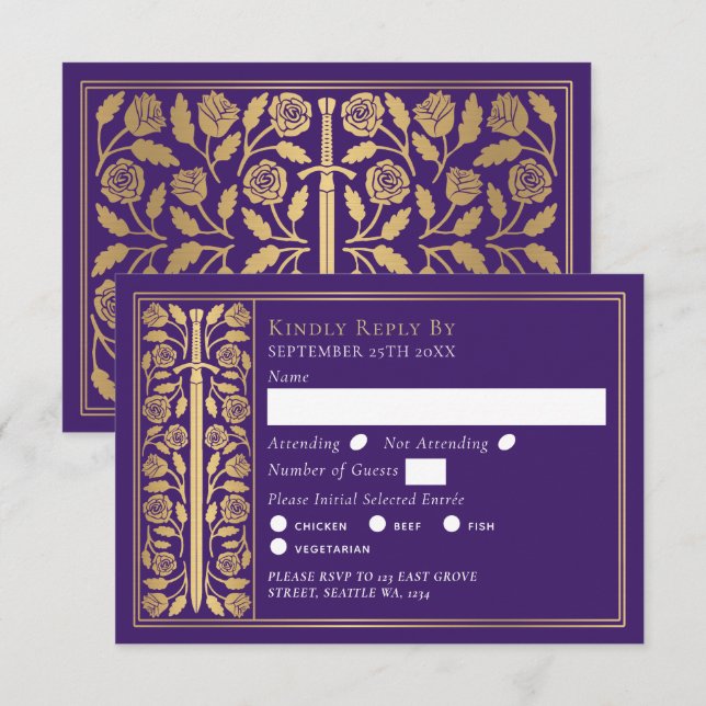 Gold Purple Medieval Sword Wedding RSVP (Anverso / Reverso)