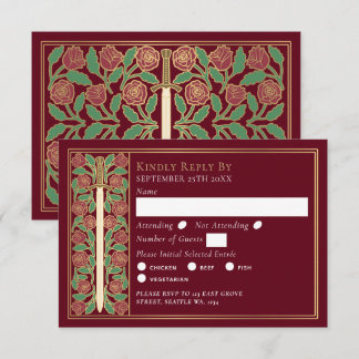 Gold Red Medieval Floral Sword Wedding RSVP