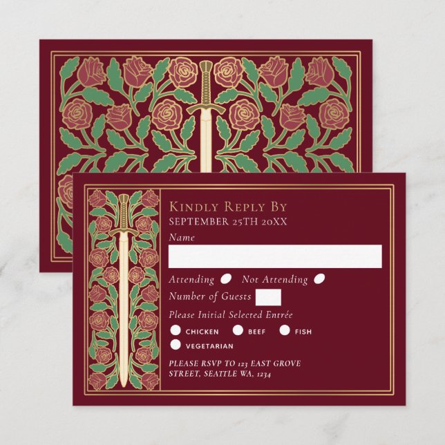 Gold Red Medieval Floral Sword Wedding RSVP (Anverso / Reverso)