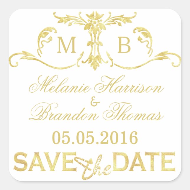 Gold Save the Date Pegatinas boda de monograma de  (Anverso)