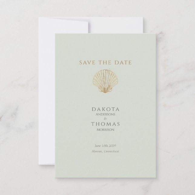 Gold Seashell Mute Sage Wedding Save the Date (Anverso)