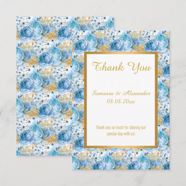 GOLD WHITE BLUE LEAF FLORAL Gracias tarjeta (Anverso / Reverso)