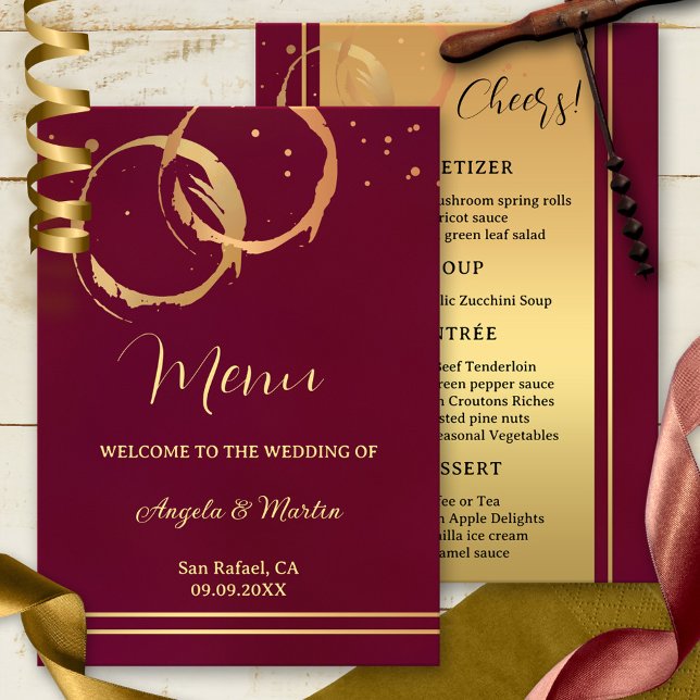 Gold Wine Stains Confetti Menú Boda (Wine themed wedding  menu featuring gold intersecting wine stains and sparkles on burgundy marsala)
