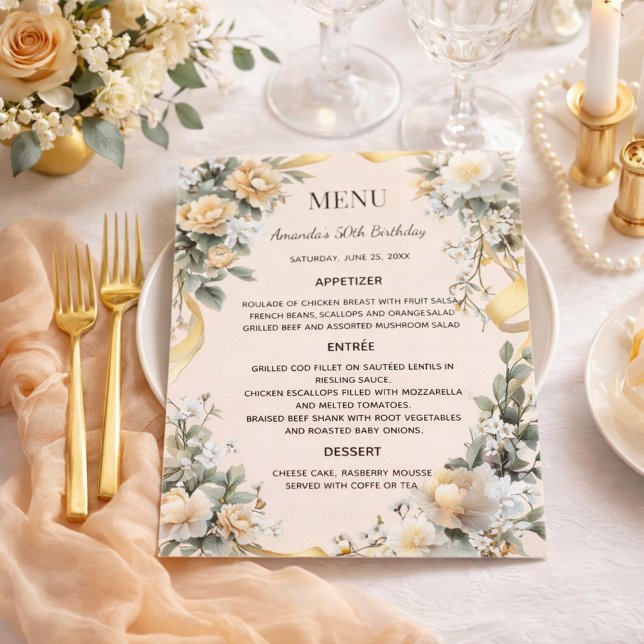 Gold yellow florals ribbon menu card (Subido por el creador)